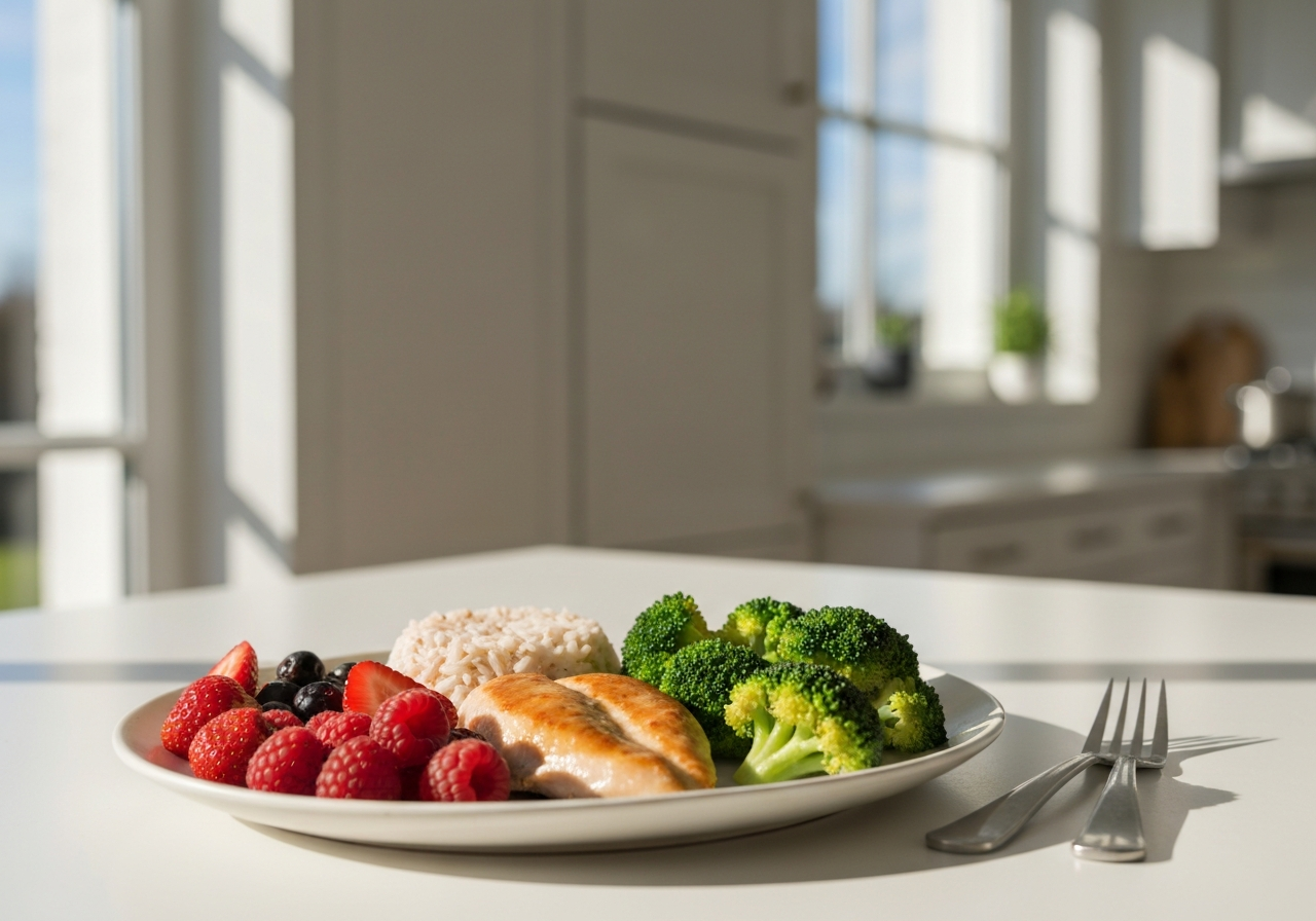 A flat lay of a balanced, colorful meal for children including fresh berries, steamed broccoli, chicken breast, and whole grain rice on a ceramic plate, soft natural light, minimalist kitchen background, premium editorial food photography, 85mm lens, no text, no words, no letters