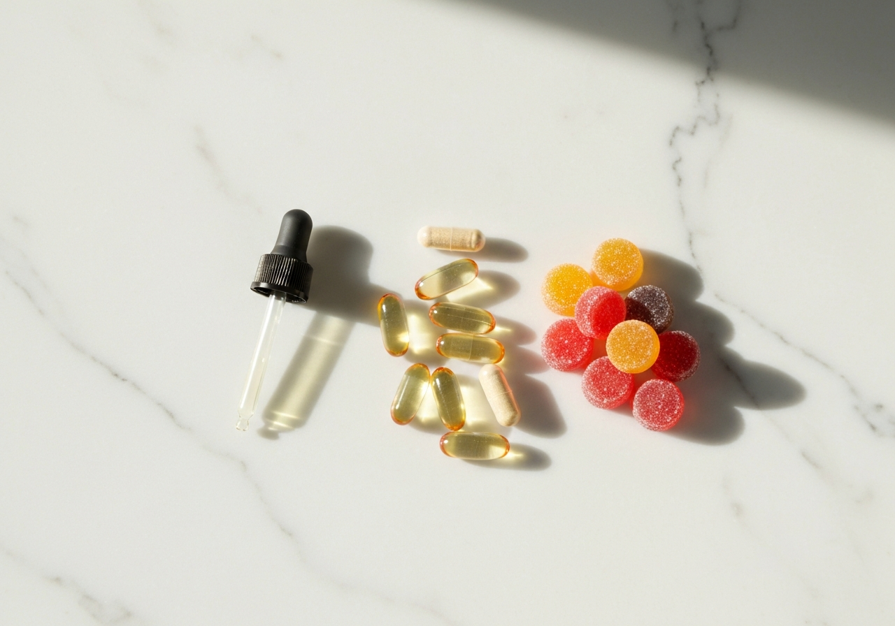 Flat lay of diverse children's supplement forms including liquid dropper, clean transparent capsules, and colorful natural fruit gummies, minimalist kitchen marble background, soft natural morning light, 85mm lens, high quality, professional editorial style, no text, no words, no letters