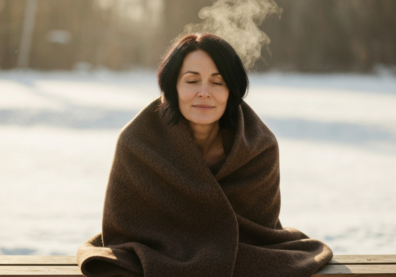 Otužování: Jak začít bezpečně (Návod krok za krokem) 3 A person wrapped in a thick wool blanket sitting on a wooden bench after winter swimming, serene facial expression, steam rising from the skin, modern minimalist outdoor aesthetic, soft natural morning light, 85mm lens, high detail, no text, no letters.