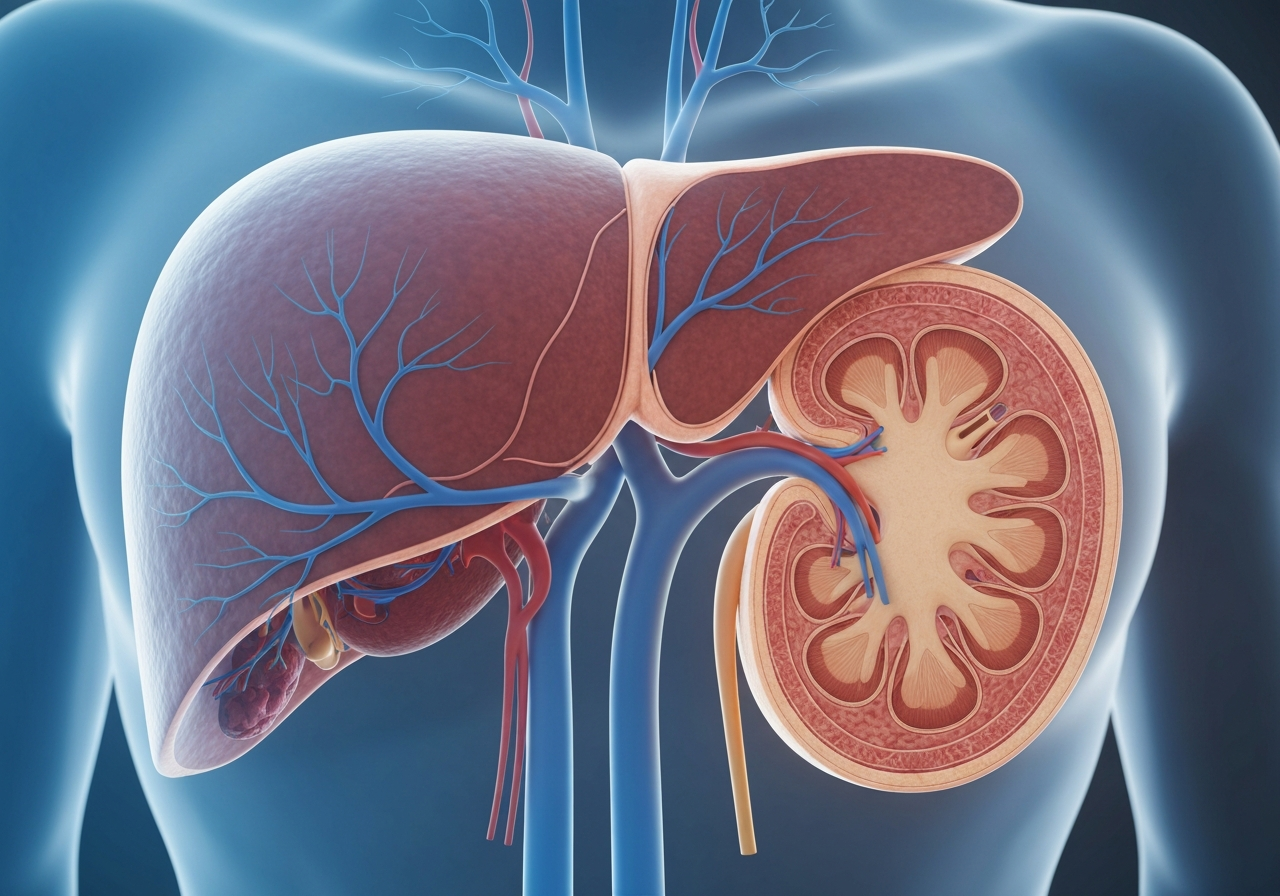 A scientific cross-section illustration of human liver and kidney anatomy, modern medical aesthetic, clean clinical background, soft blue and warm gold lighting, premium editorial style, 85mm lens, highly detailed, no text, no letters