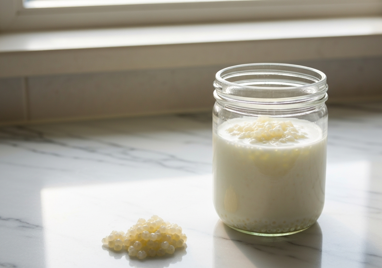 High-end editorial photography, close-up of a glass jar with fresh milk kefir and kefir grains, set on a clean marble kitchen counter, soft morning sunlight, shallow depth of field, 85mm lens, minimalist aesthetic, no text, no letters
