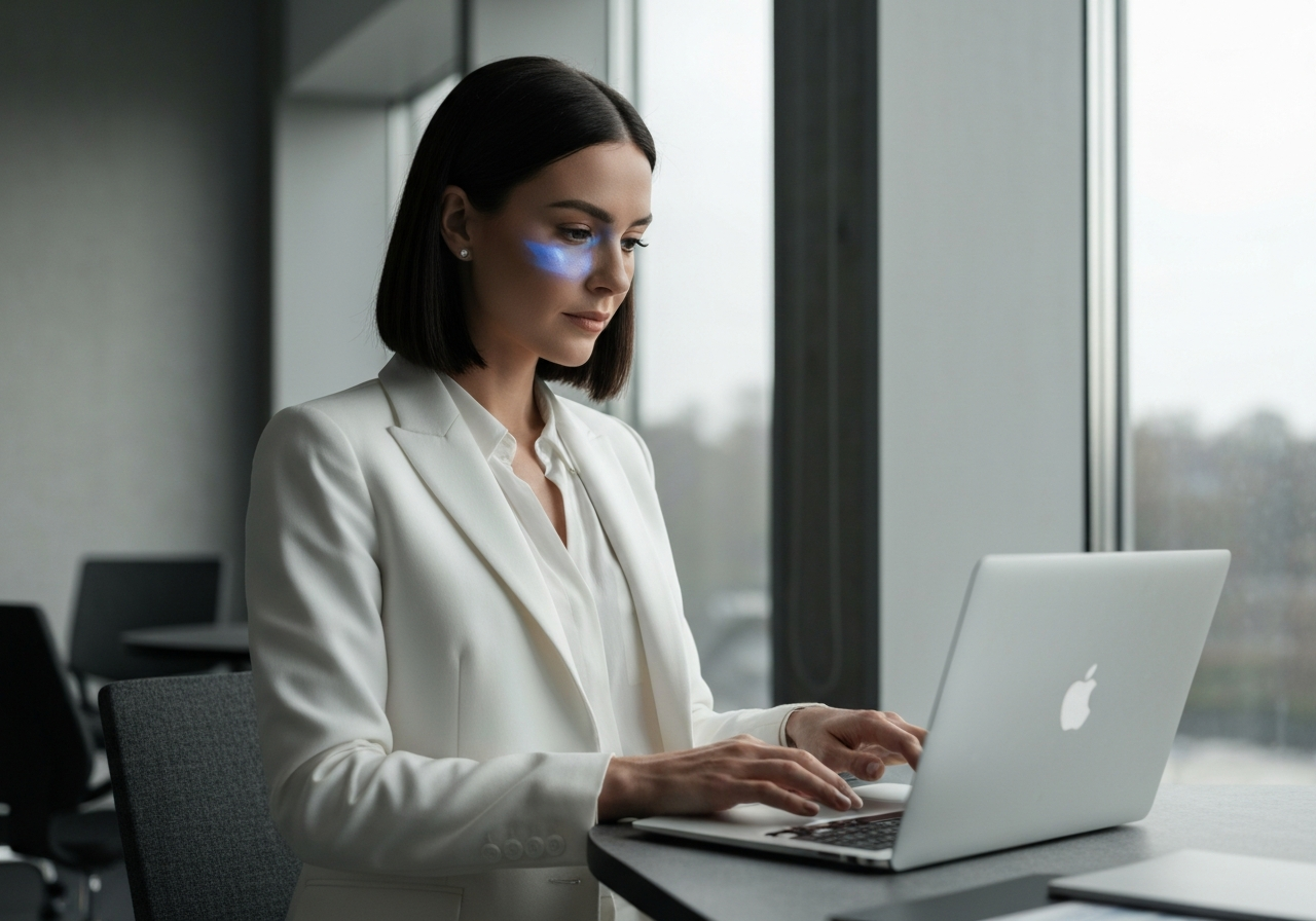 A sophisticated woman in a modern minimalist office environment, looking at a laptop screen, subtle blue light reflection on her face, soft morning light, editorial photography style, 85mm lens, high quality, clean aesthetic, no text, no words, no letters