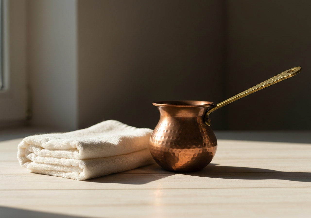A minimalist still life featuring a copper neti pot and a piece of folded cotton cloth on a light wooden surface, zen-inspired composition, soft natural morning light, 85mm lens, high-end editorial wellness photography, no text, no letters