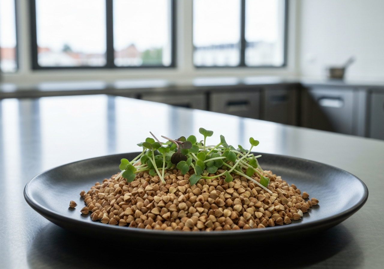 Macro close-up of raw buckwheat groats and organic microgreens on a dark ceramic plate, modern culinary laboratory setting, editorial photography, soft natural light, 85mm lens, sharp focus, aesthetic, no text, no words, no letters