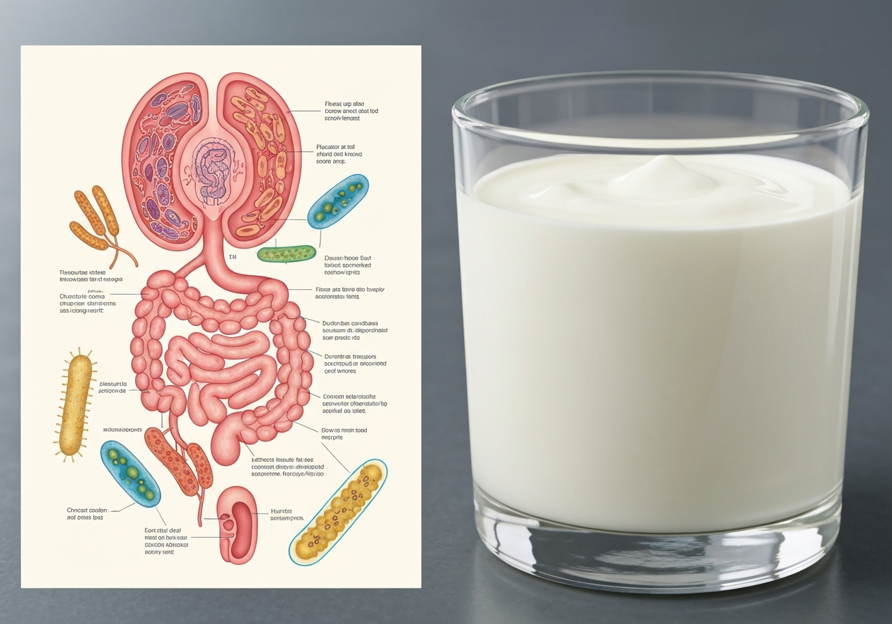 A macro shot of a healthy human gut microbiome illustration combined with a glass of creamy homemade yogurt, laboratory aesthetic, clean clinical background, soft natural light, 85mm lens, high resolution, no text, no letters.
