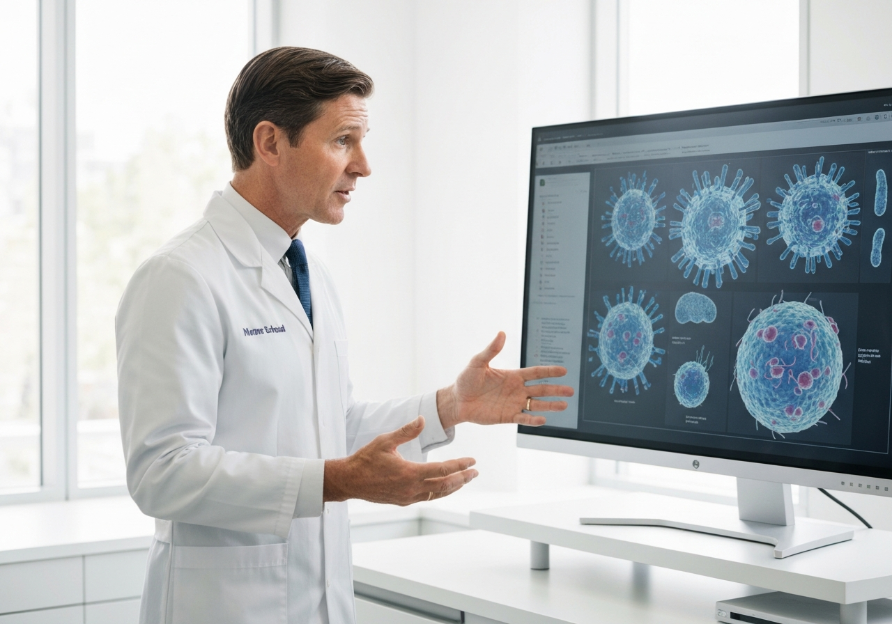 A professional nutritionist explaining immune system biology using a conceptual display of microscopic cellular structures, clinical environment, clean aesthetic, soft natural light, 85mm lens, high-end editorial photography, no text, no words, no letters