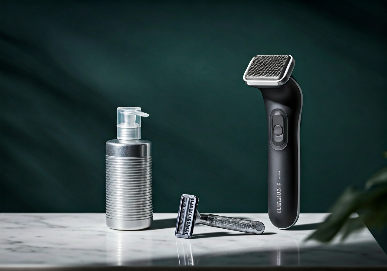 Holení varlat: 7 bezpečných metod (Expert radí 2026) 2 A professional electric body groomer next to a premium shaving razor on a clean marble surface, bathroom aesthetic, editorial photography, soft natural light, 85mm lens, high-end grooming gear, no text, no words, no letters
