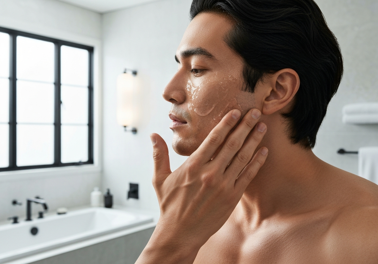 Holení varlat: 7 bezpečných metod (Expert radí 2026) 3 Close-up of a man applying a clear, soothing aloe vera gel to freshly groomed skin, clean modern bathroom background, editorial photography, soft natural light, 85mm lens, highly detailed, no text, no letters