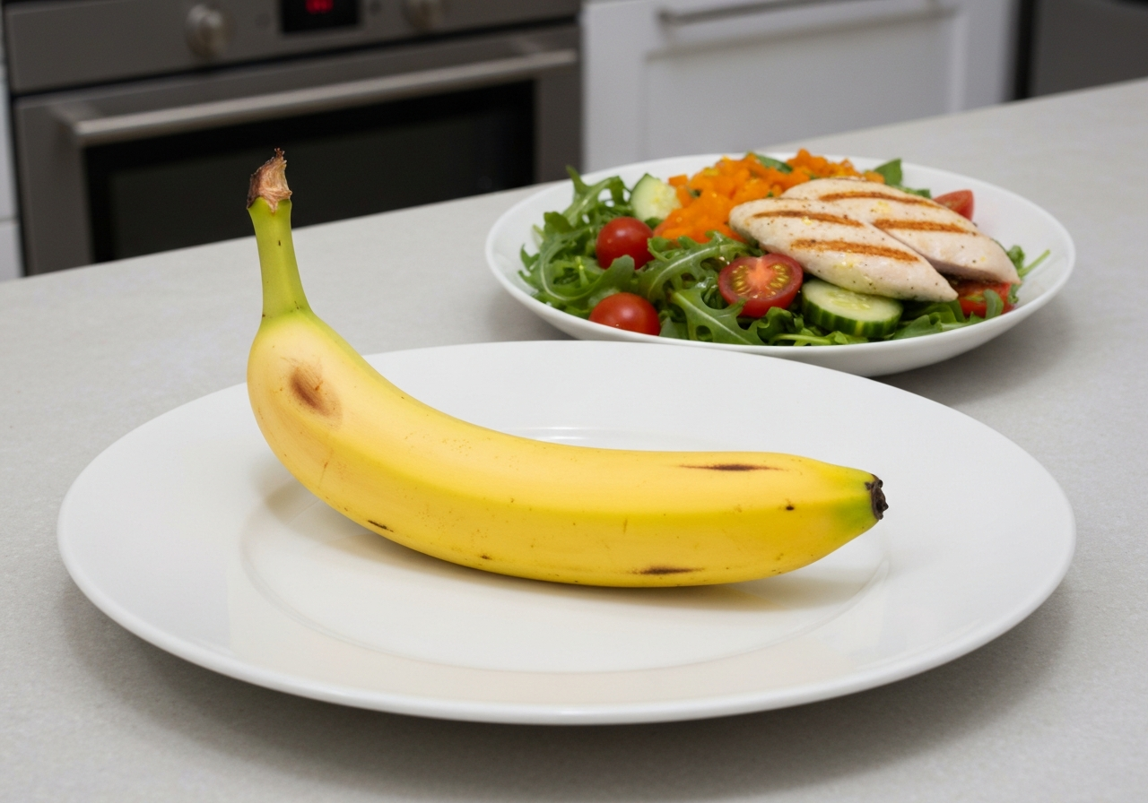 A conceptual editorial shot of a single banana on a sterile white plate contrasted with a vibrant, balanced bowl of mixed salad and protein, minimalist kitchen background, soft natural light, 85mm lens, high resolution, no text, no letters