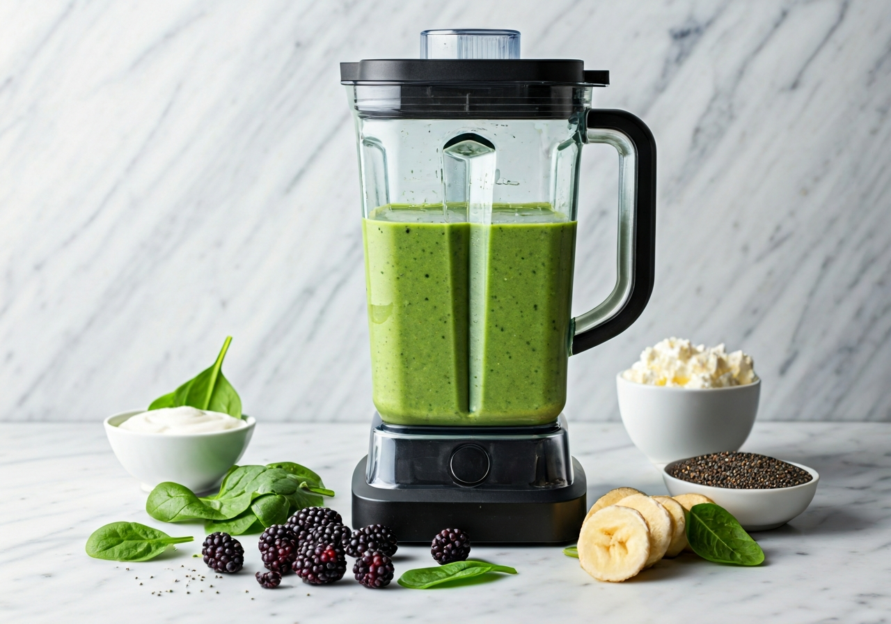 A professional blender containing a vibrant green and berry smoothie, surrounded by fresh chia seeds, greek yogurt, spinach leaves, and banana slices on a marble countertop, editorial food photography, bright soft natural light, 85mm lens, highly detailed, no text, no letters