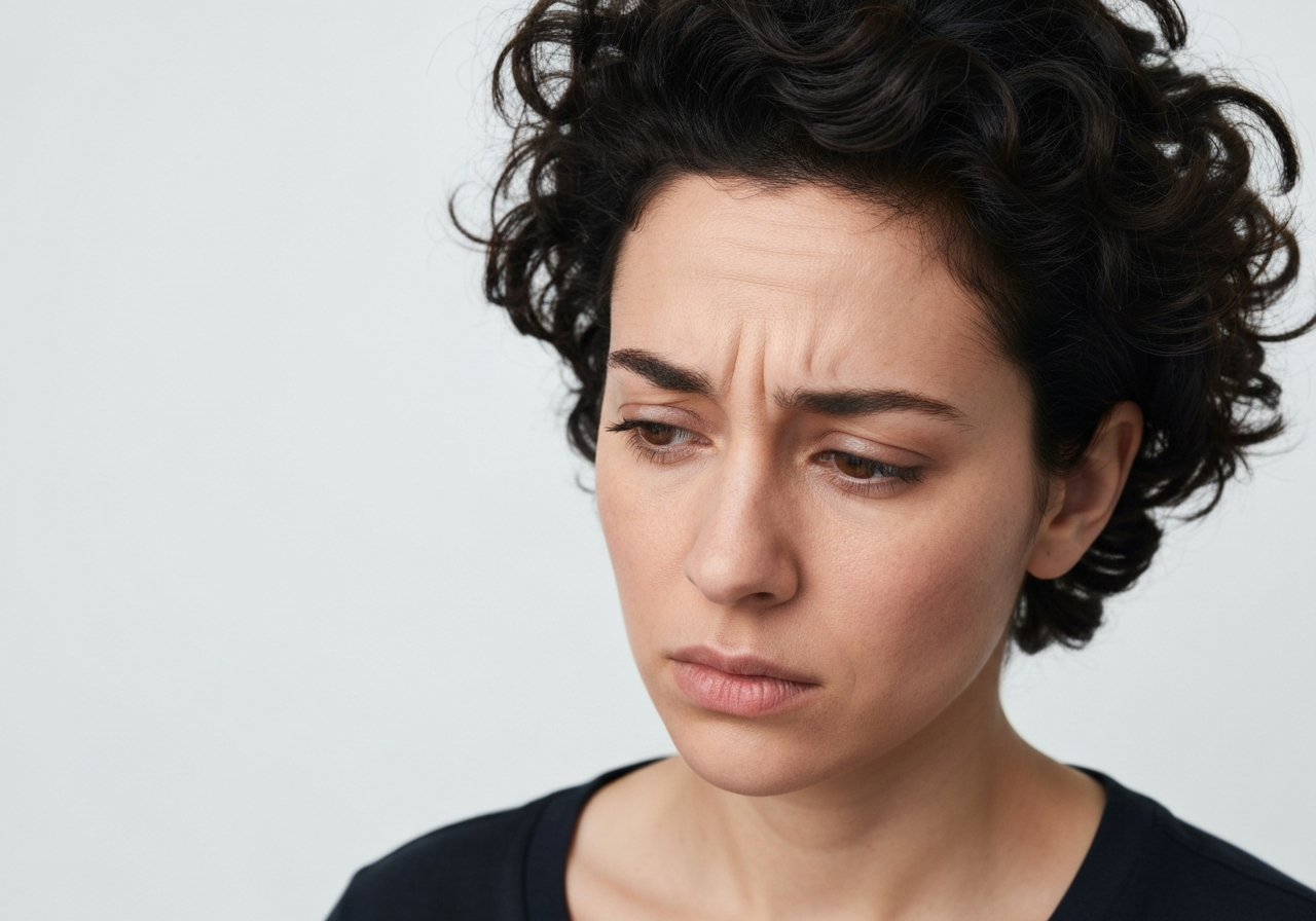 Editorial photography, close-up of a person's face showing signs of fatigue and stress, with subtle visual cues of internal imbalance like muted skin tone and slightly furrowed brow, modern minimalist setting, soft studio lighting, 85mm lens, highly detailed, no text, no words, no letters