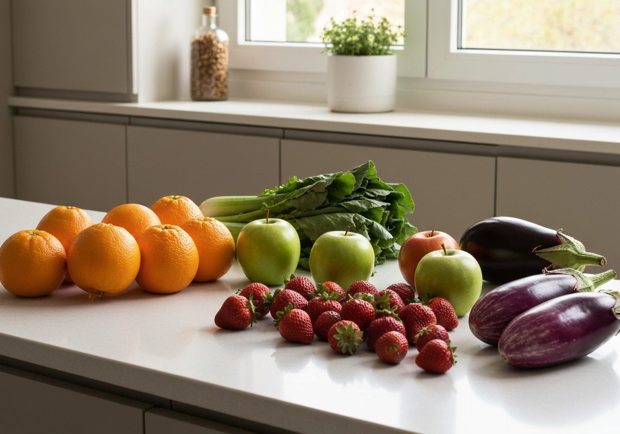 A vibrant selection of fresh, organic fruits and vegetables artfully arranged on a clean, modern kitchen counter, editorial photography, soft natural light, 85mm lens, premium aesthetic, no text, no letters