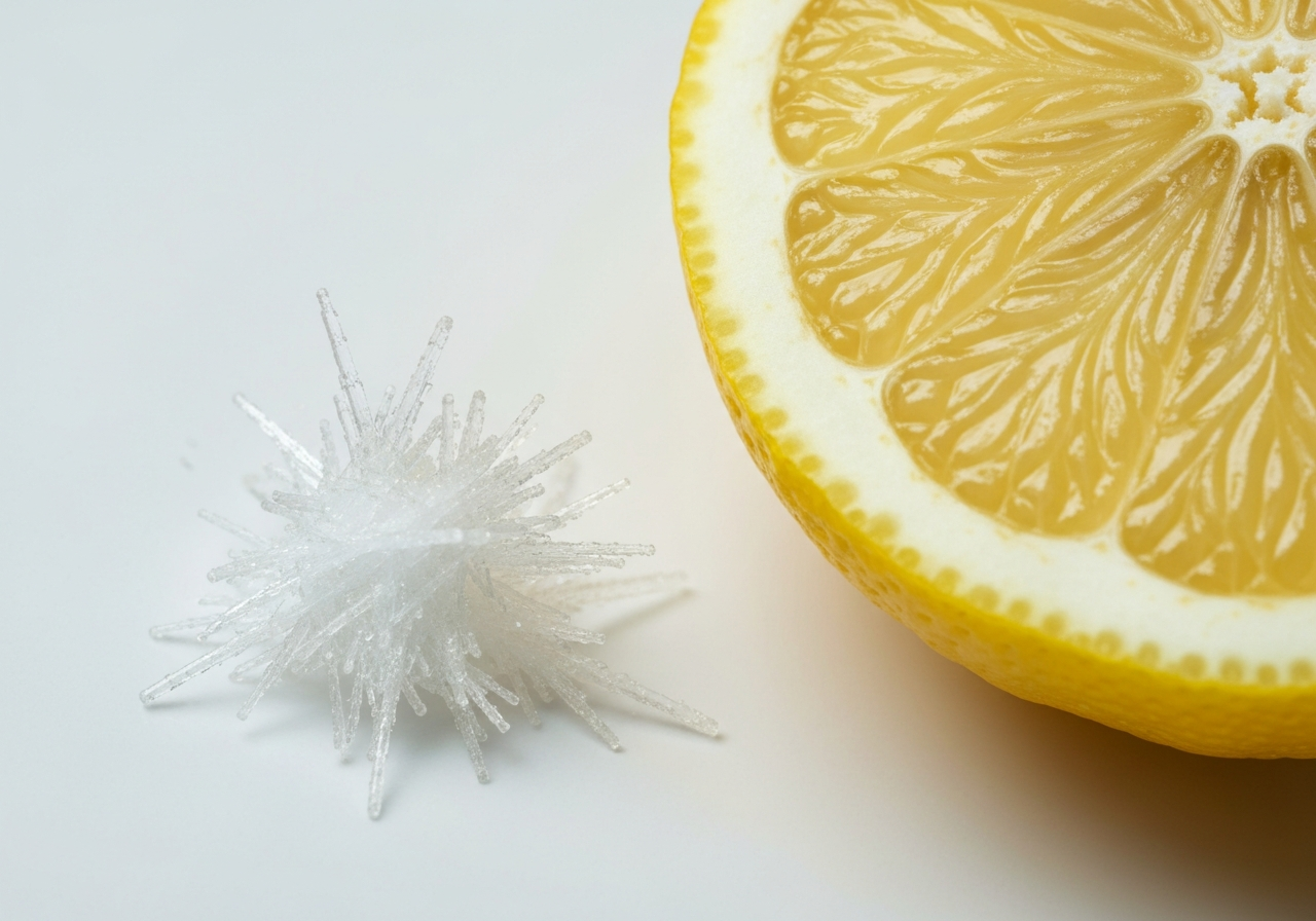 Macro photography of crystalline L-ascorbic acid powder next to a fresh sliced lemon, clean laboratory background, soft clinical natural light, 85mm lens, highly detailed textures, no text, no letters