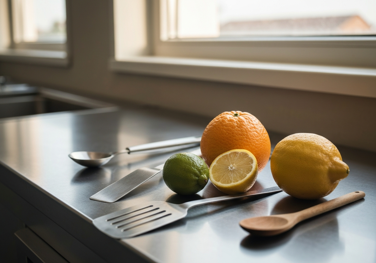 A professional nutritionist's workspace with fresh citrus fruits cut in half, stainless steel kitchen tools, clean minimalist aesthetic, soft natural morning light streaming through a window, 85mm macro lens, high-end editorial photography style, no text, no letters.