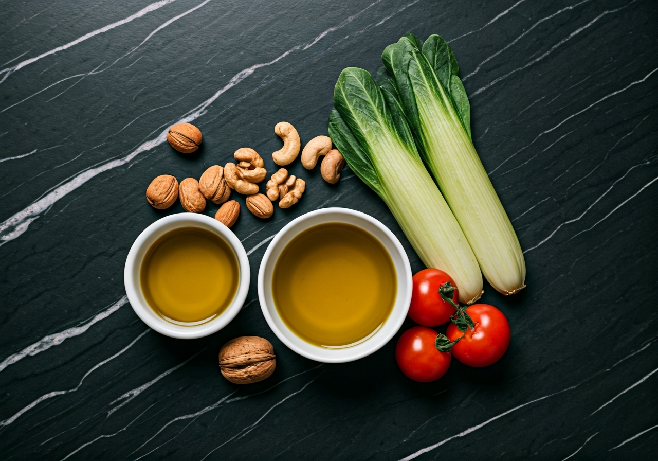 Flat lay of a balanced Mediterranean meal with fresh vegetables, nuts, and a small bowl of golden extra virgin olive oil, marble kitchen surface, clean editorial style, soft natural light, 85mm lens, highly detailed, no text, no letters