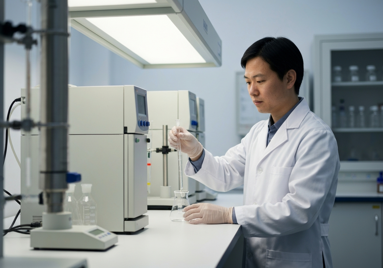 A professional laboratory setting with high-end analytical equipment, a scientist performing a precise chemical titration on a glass beaker, clean white background with soft laboratory lights, 85mm lens, editorial aesthetic, premium quality, no text, no letters, no words