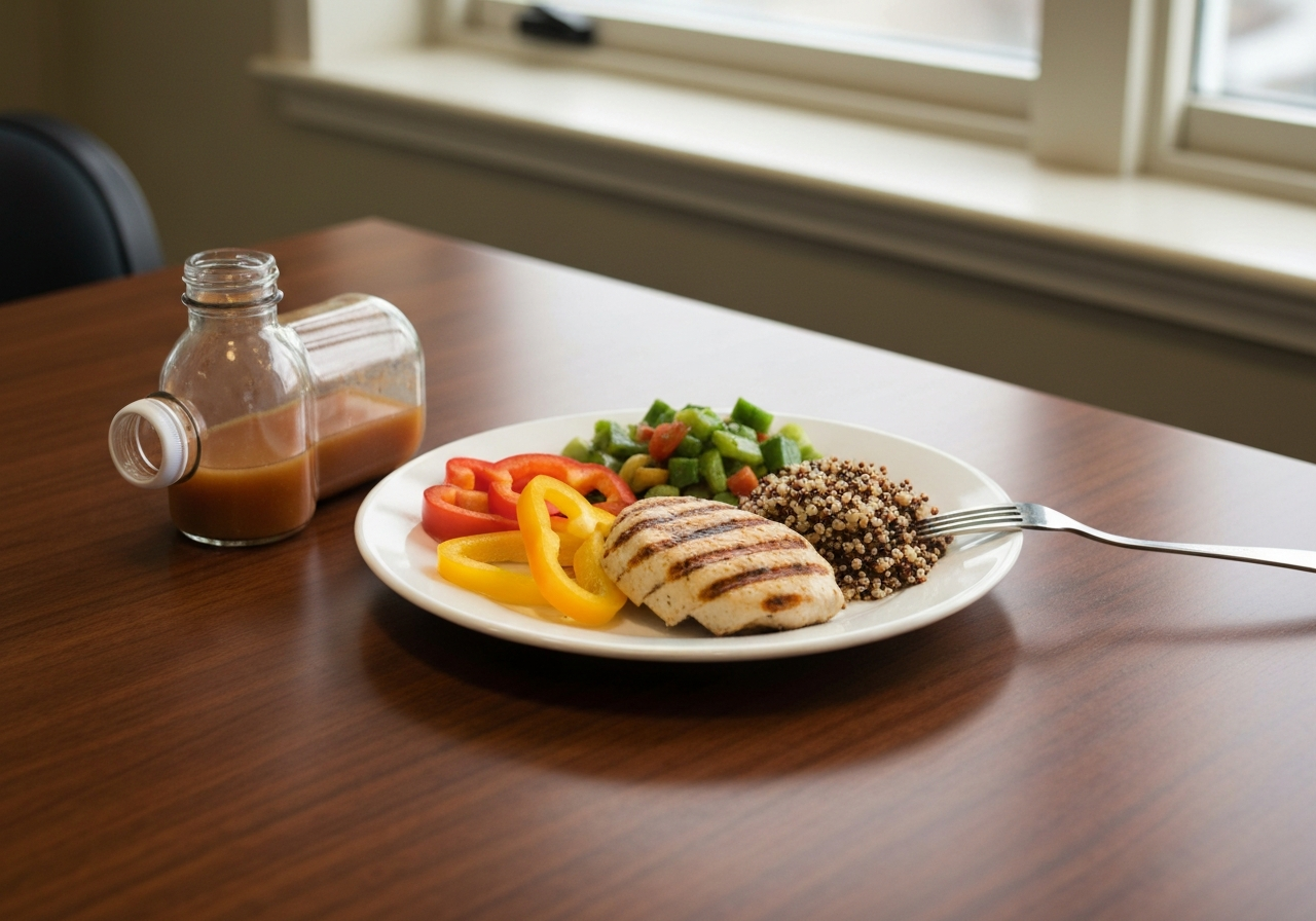 A professional medical office table featuring a balanced plate of whole foods next to a discarded empty juice bottle, clinical aesthetic, soft natural light, 85mm lens, high quality editorial photography, no text, no letters