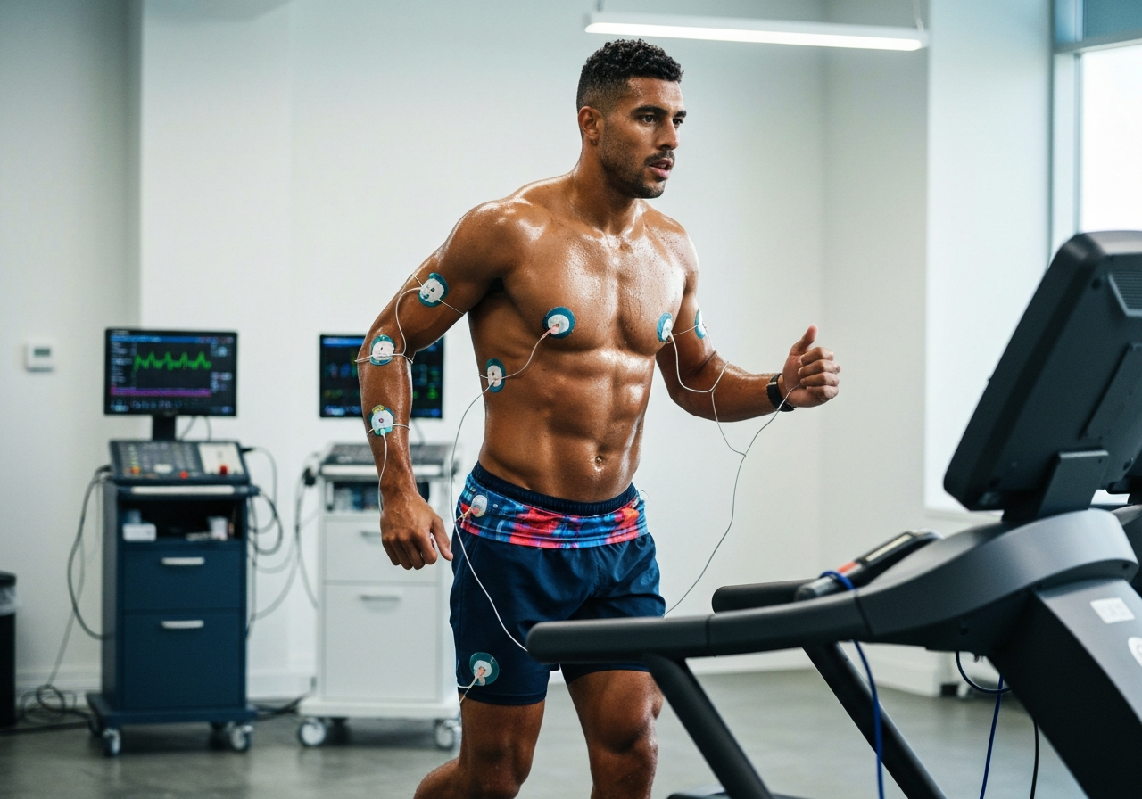 Tlak při zátěži: Co o vás prozradí? (Je to v normě?) 2 A professional athlete being monitored by medical sensors during a high-intensity treadmill workout, clinical environment, modern diagnostic technology, professional editorial style, soft natural light, shallow depth of field, 85mm lens, highly detailed, no text, no letters