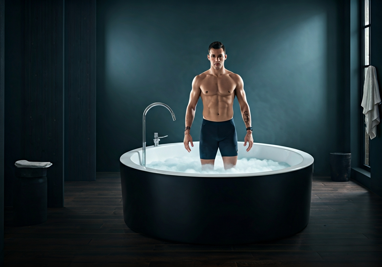Otužování: Má to skutečně smysl? (Pravda o ledové vodě) 2 A professional athlete standing in a modern cold plunge tub, minimalist bathroom interior with soft natural light, premium editorial style, 85mm lens, high contrast, clean aesthetics, no text, no words, no letters