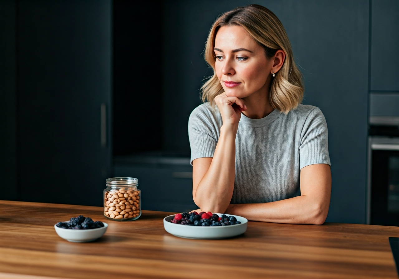 Editorial photography, a woman thoughtfully examining a plate of whole, unprocessed foods like berries and nuts, in a modern, minimalist kitchen, soft natural light, 85mm lens, highly detailed, premium aesthetic, no text, no words, no letters