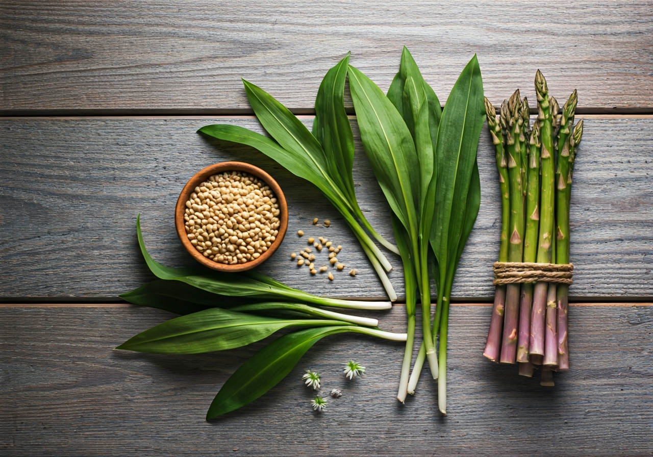 A flat-lay arrangement of fresh spring greens, asparagus, wild garlic, and whole grains on a rustic wooden table, bright and airy kitchen environment, editorial photography, soft natural morning light, 85mm lens, highly detailed, no text, no letters
