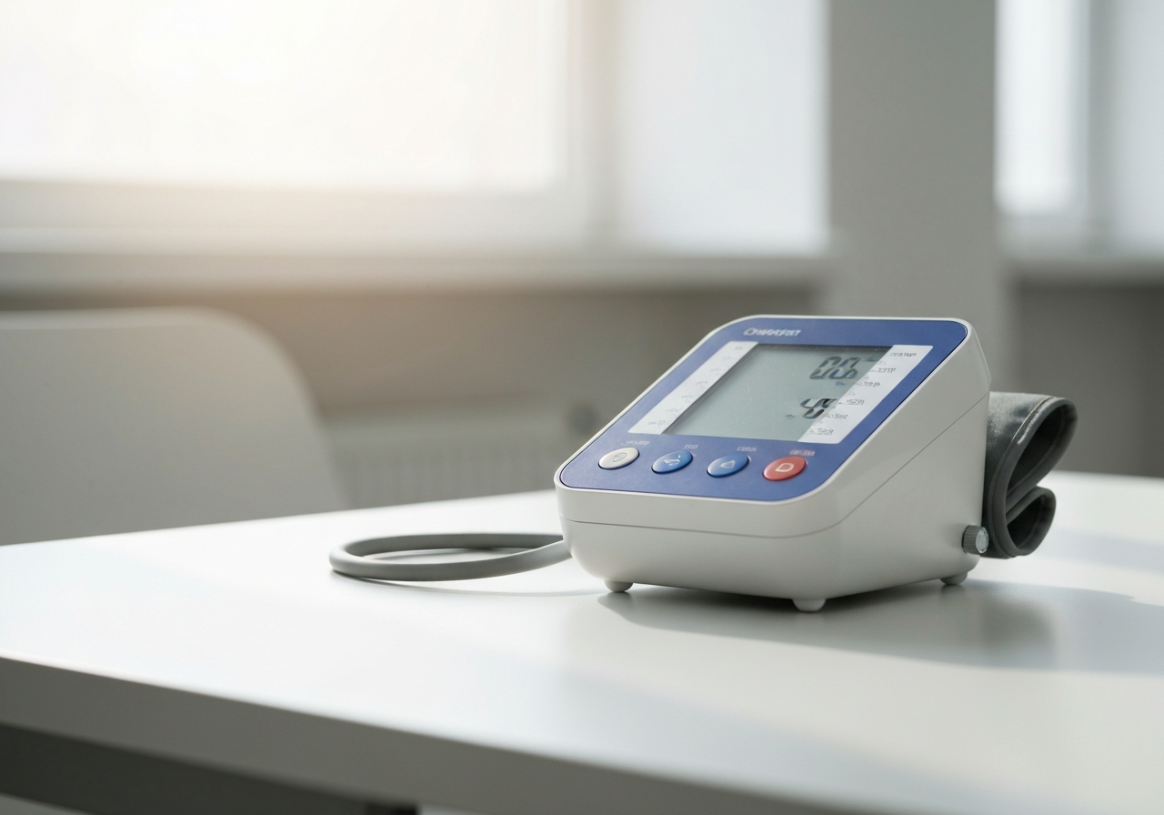 Měření tlaku bez tonometru: Jde to vůbec? (Fakta) 2 Professional digital blood pressure monitor on a clean white desk, high-end medical equipment, bright clinical environment, soft natural morning light, 85mm lens, depth of field, minimalist aesthetic, no text, no words, no letters