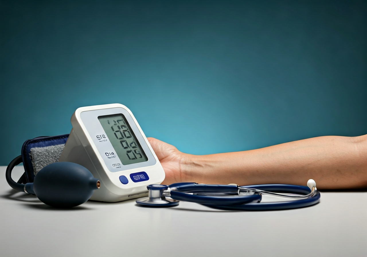 Měření tlaku bez tonometru: Jde to vůbec? (Fakta) 3 A professional medical setup showing a digital blood pressure monitor, a stethoscope, and a patient's arm, clean clinical environment, editorial photography, soft natural light, 85mm lens, highly detailed, no text, no words, no letters